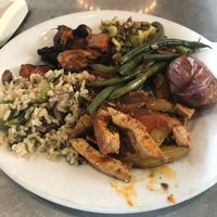 Plate of hot bar food from the Marketplace at Zinc Cafe and Market in Los Angeles