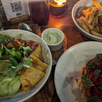 Burrito bowl 70k rp, bruschetta minus ricotta 50k rp, handcut chips 40k rp at Suka Espresso in Pecatu