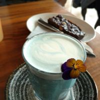 Blue sapphire latte and a yummy brownie at Coffee & Drift in Lymington