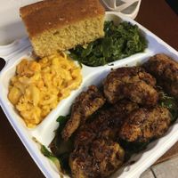 Crispy Portabello Mushrooms, Collards, Corn Bread, and THE BEST Mac & Cheese we have EVER tasted!   at Senbeb Cafe in Washington