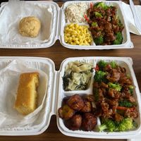 Beef and broccoli, once with mixed greens, plantains and cornbread and once with mac‘n‘cheese, coleslaw and buiscuit at Senbeb Cafe in Washington