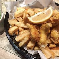 Vegan scampi, chips, mushy peas  at Sutton and Sons in East London