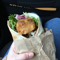 Vegan chicken wrap with salad and sauce  at Pyramid Vegan Cafe & Bakery in Glastonbury