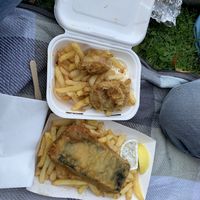 Vish and chips and chickun and chips  at Pyramid Vegan Cafe & Bakery in Glastonbury