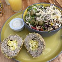 Salad bowl and scotch egg  at Pyramid Vegan Cafe & Bakery in Glastonbury