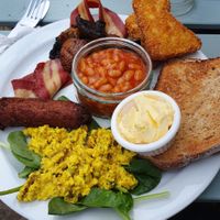 Full English breakfast, all vegan and all delicious even to a non-vegan. at Pyramid Vegan Cafe & Bakery in Glastonbury