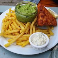 Vish and chips! at Pyramid Vegan Cafe & Bakery in Glastonbury