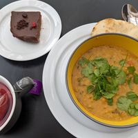 Dahl and chocolate torte and tea at Pyramid Vegan Cafe & Bakery in Glastonbury
