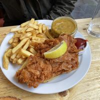 Vish and chips  at Pyramid Vegan Cafe & Bakery in Glastonbury