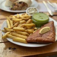 Vish and chips  at Pyramid Vegan Cafe & Bakery in Glastonbury