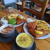 Vish and chips plus turmeric and chai lattes... Perfection! at Pyramid Vegan Cafe & Bakery in Glastonbury