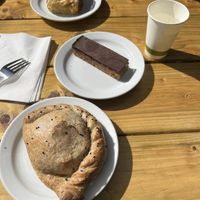 Breakfast roll, zillionaire’s slice & curried veg pasty  at Pyramid Vegan Cafe & Bakery in Glastonbury