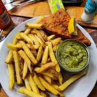 Fish and chips at Pyramid Vegan Cafe & Bakery in Glastonbury