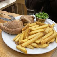 Pastie, chips and peas  at Pyramid Vegan Cafe & Bakery in Glastonbury