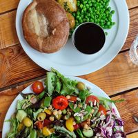 Mushroom stroganoff pie and broccoli,cheesy pie. at Pyramid Vegan Cafe & Bakery in Glastonbury