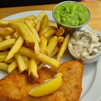 Fish and Chips, mushy peas, tartar sauce at Pyramid Vegan Cafe & Bakery in Glastonbury