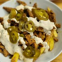 Kebab loaded fries at Pyramid Vegan Cafe & Bakery in Glastonbury