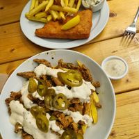 Kebab loaded fries at Pyramid Vegan Cafe & Bakery in Glastonbury