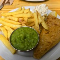 Vish chips, mushy peas and homemade tartare sauce at Pyramid Vegan Cafe & Bakery in Glastonbury