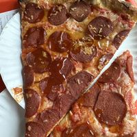 Vegan hellboy slice - pepperoni and hot “honey"  at Paulie Gee's - Slice Shop in Brooklyn