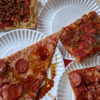 clockwise, starting from the right top corner: 'vegan vidalia', 'vegan hellboy squared', 'vegan hellboy', 'vegan Freddy' at Paulie Gee's - Slice Shop in Brooklyn
