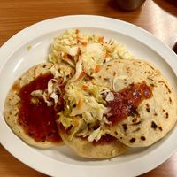 Pupusas with beans, loroco (tradicional Salvadorian bloom), and vegan cheese 🙌🏽  at Fernanda's Salvadorian in Cathedral City