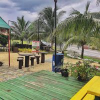 Spacious outdoor seating area at Lion's Share Cafe in Bridgetown