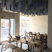 Beautiful wood tables at Hot Pot Republic in Copenhagen