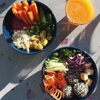 Rice & tofu bowl and beetroot hummus & cauliflower bowl at Bali Bowl Cafe in Kyiv
