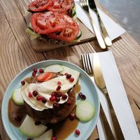 Pancakes and seitan toast at Bali Bowl Cafe in Kyiv