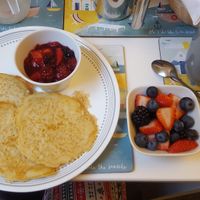 Gluten-, soya-, sugar-free pancakes with spiced berry compote   at Bijou B&B in Weston-super-mare