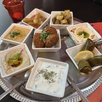 Mixed meze platter - all vegan except the yoghurt dip  at Middle East in Como