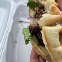 Burger too small for waffle but really tasty at Lindiana's Southern Vegan Kitchen - Maybe closed in Houston
