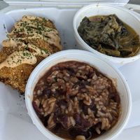 Crab cakes, mixed greens, red beans & rice at Lindiana's Southern Vegan Kitchen - Maybe closed in Houston