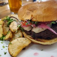Beet burger and perfect potatoes. at Backslope Brewing in Columbia Falls