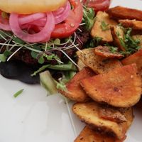 Veggie burger made vegan with plain fries at Backslope Brewing in Columbia Falls