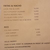 Menu at Duke Surf Bistro in Jeju