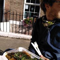 Outdoor sitting area for 6 people, here with the curry and buckwheat with 3 salads at The Grove Veggie Kitchen in Limerick