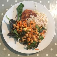 The Nut Burger (incredible!!!), chickpea salad and brown rice. at The Grove Veggie Kitchen in Limerick