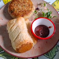 Potato cake and sausage roll at The Grove Veggie Kitchen in Limerick