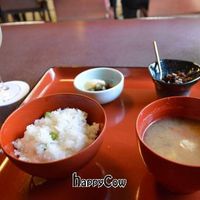 Final bowls of the Sakura set, including rice and miso at Hachinoki in Kamakura