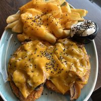 Mushroom & cheese schnitzel with fries and truffle Mayo   at Apple & Eve in Hamburg