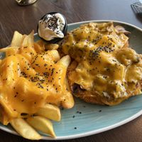 Mushroom & cheese schnitzel with fries and truffle Mayo   at Apple & Eve in Hamburg