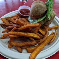 Sun burger with sweet potatoe fries at Vegetarian Restaurant by Hakin in North Miami Beach