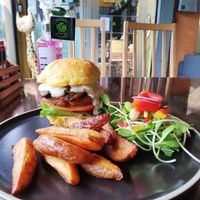 Gluten free burger and fries with the salad was nice at The Vegan Table in Phuket