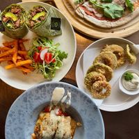 Vegan Eggplant Lasagna, Mexican Wrap, Sausage Rucola Pizza & Avocado Rings at The Vegan Table in Phuket