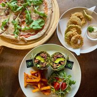 Mexican Wrap, Sausage Rucola Pizza & Avocado Rings at The Vegan Table in Phuket