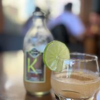 Home brewed passion fruit kombucha   at The Vegan Table in Phuket