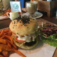 Hawaiian Chickn Burger with Sweet Potato Fries and Cinnamon Latte at The Vegan Table in Phuket