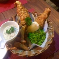 Incredible banana blossom ‘fish’ & chips with amazing house made tartare sauce and special mushy peas.  at The Vegan Table in Phuket